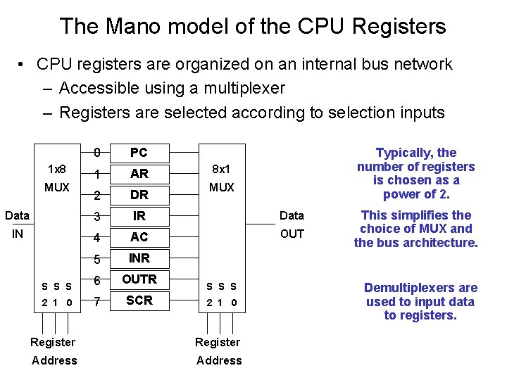 The Mano model of the CPU Registers • CPU registers are organized on an