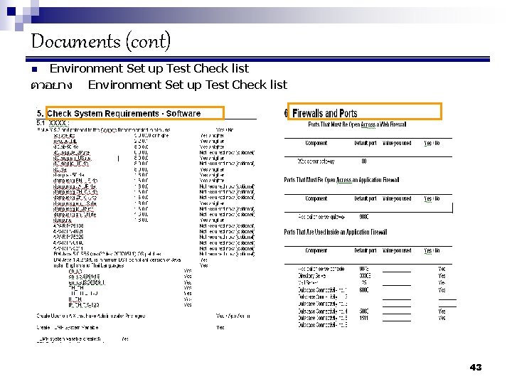 Documents (cont) Environment Set up Test Check list ตวอยาง Environment Set up Test Check