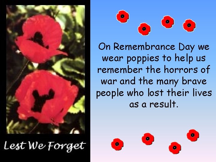 On Remembrance Day we wear poppies to help us remember the horrors of war