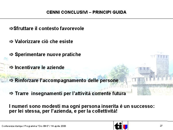 CENNI CONCLUSIVI – PRINCIPI GUIDA Sfruttare il contesto favorevole Valorizzare ciò che esiste Sperimentare