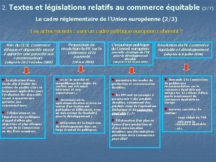 2. Textes et législations relatifs au commerce équitable (2/7) Le cadre réglementaire de l’Union