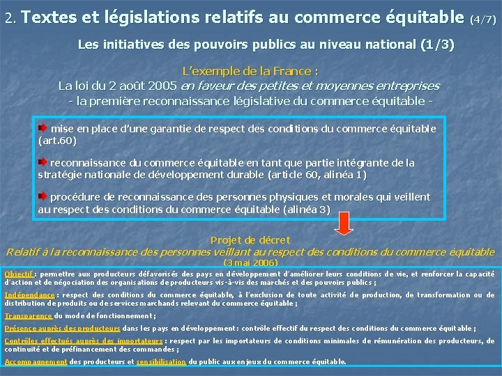 2. Textes et législations relatifs au commerce équitable (4/7) Les initiatives des pouvoirs publics