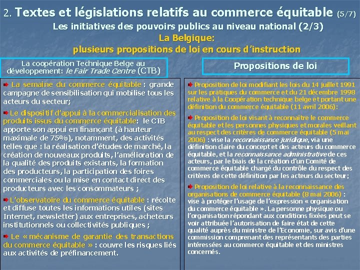 2. Textes et législations relatifs au commerce équitable (5/7) Les initiatives des pouvoirs publics