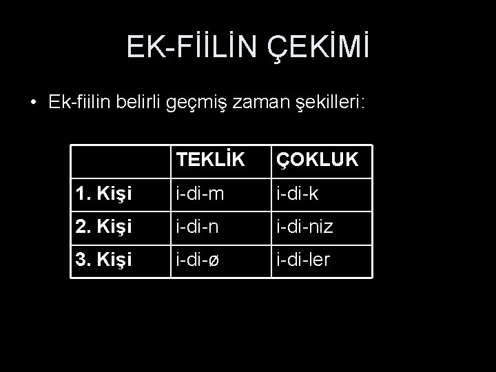 EK-FİİLİN ÇEKİMİ • Ek-fiilin belirli geçmiş zaman şekilleri: TEKLİK ÇOKLUK 1. Kişi i-di-m i-di-k