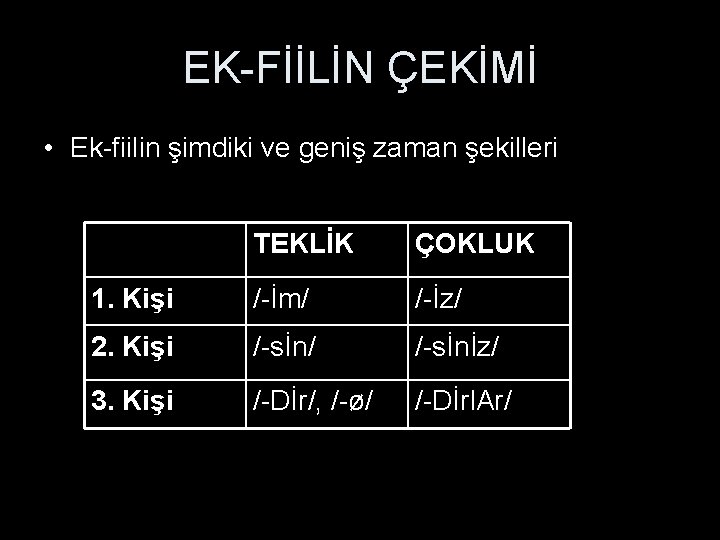 EK-FİİLİN ÇEKİMİ • Ek-fiilin şimdiki ve geniş zaman şekilleri TEKLİK ÇOKLUK 1. Kişi /-İm/