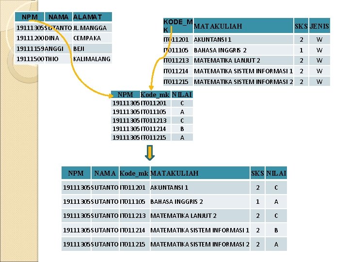 NPM NAMA ALAMAT 19111200 DINA CEMPAKA KODE_M MATAKULIAH K IT 011201 AKUNTANSI 1 19111159