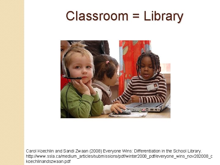 Classroom = Library Carol Koechlin and Sandi Zwaan (2008) Everyone Wins: Differentiation in the