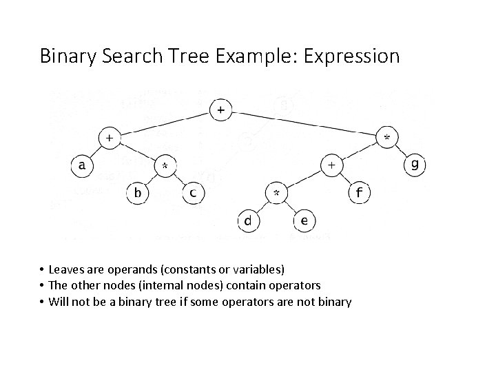Binary Search Tree Example: Expression • Leaves are operands (constants or variables) • The