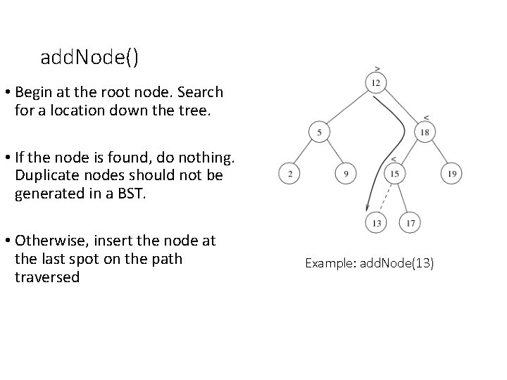add. Node() • Begin at the root node. Search for a location down the