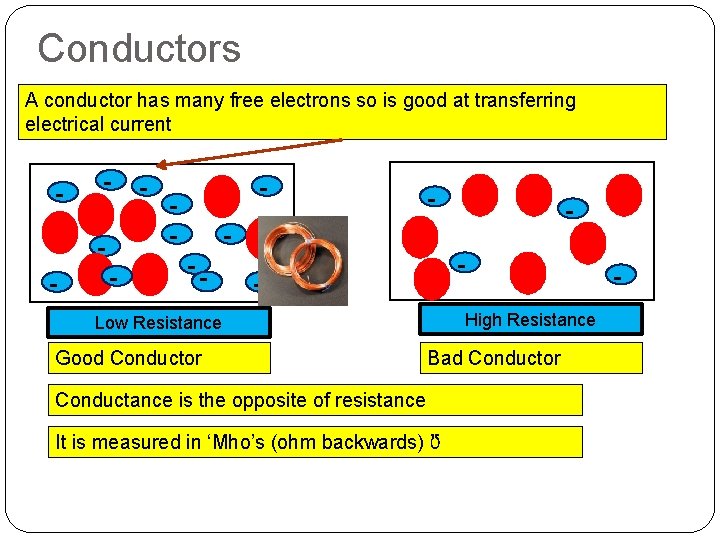 Conductors A conductor has many free electrons so is good at transferring electrical current
