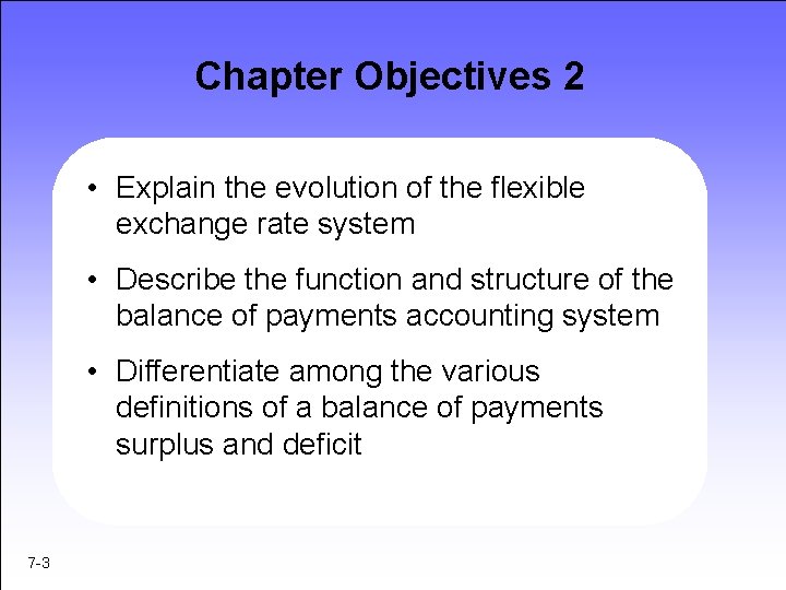 Chapter Objectives 2 • Explain the evolution of the flexible exchange rate system •