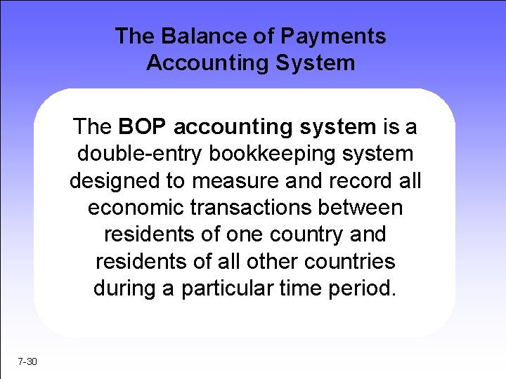 The Balance of Payments Accounting System The BOP accounting system is a double-entry bookkeeping