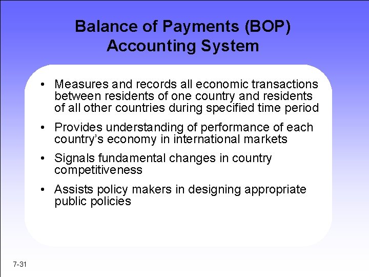 Balance of Payments (BOP) Accounting System • Measures and records all economic transactions between