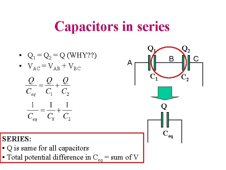 Capacitors in series • Q 1 = Q 2 = Q (WHY? ? )