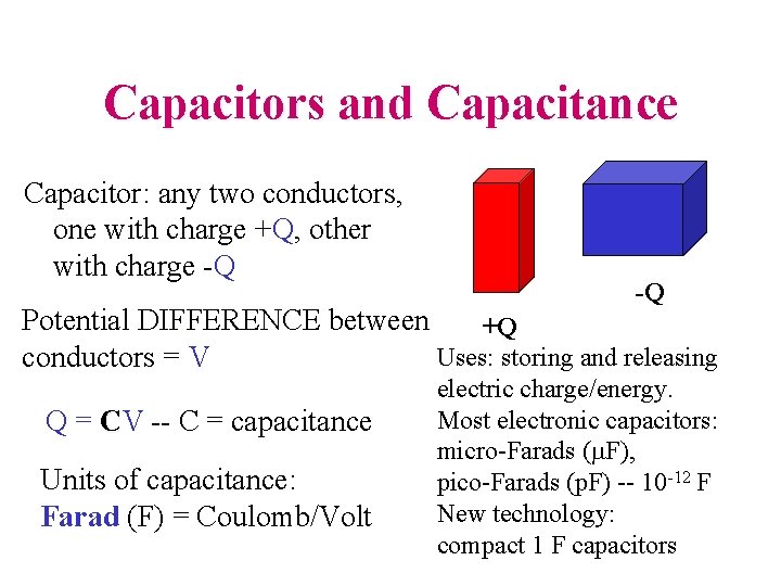 Capacitors and Capacitance Capacitor: any two conductors, one with charge +Q, other with charge