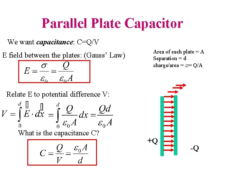 Parallel Plate Capacitor We want capacitance: C=Q/V E field between the plates: (Gauss’ Law)