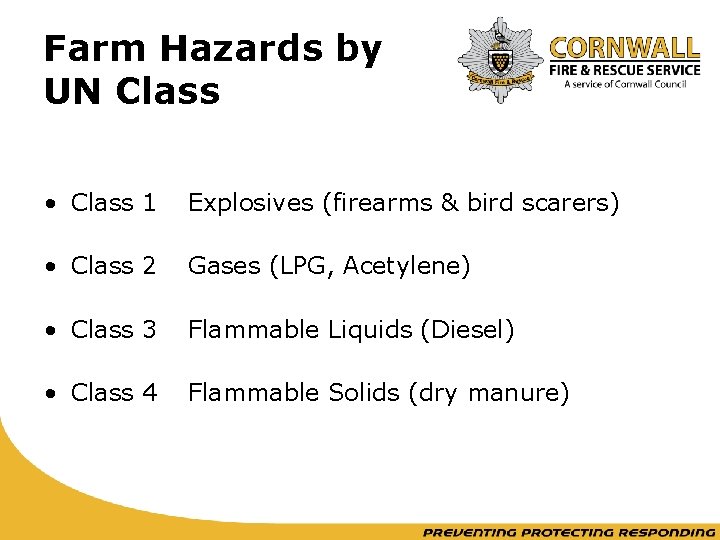 Farm Hazards by UN Class • Class 1 Explosives (firearms & bird scarers) •