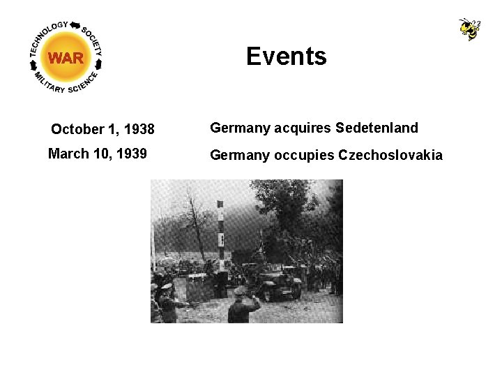 Events October 1, 1938 Germany acquires Sedetenland March 10, 1939 Germany occupies Czechoslovakia 