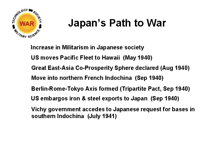 Japan’s Path to War Increase in Militarism in Japanese society US moves Pacific Fleet