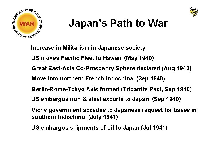 Japan’s Path to War Increase in Militarism in Japanese society US moves Pacific Fleet