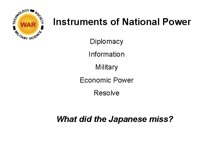 Instruments of National Power Diplomacy Information Military Economic Power Resolve What did the Japanese