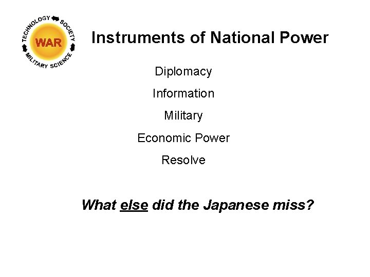 Instruments of National Power Diplomacy Information Military Economic Power Resolve What else did the