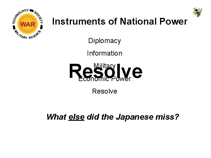 Instruments of National Power Diplomacy Information Resolve Military Economic Power Resolve What else did