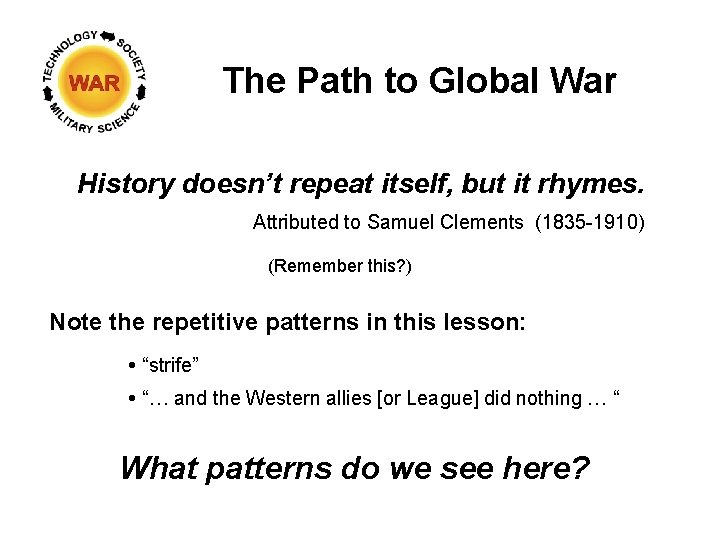 The Path to Global War History doesn’t repeat itself, but it rhymes. Attributed to