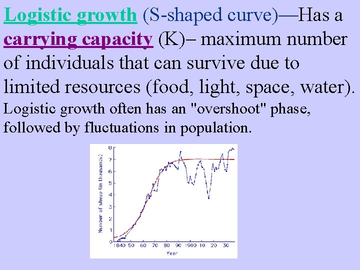 Logistic growth (S-shaped curve)—Has a carrying capacity (K)– maximum number of individuals that can