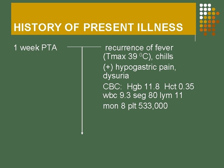 HISTORY OF PRESENT ILLNESS 1 week PTA recurrence of fever (Tmax 39 0 C),