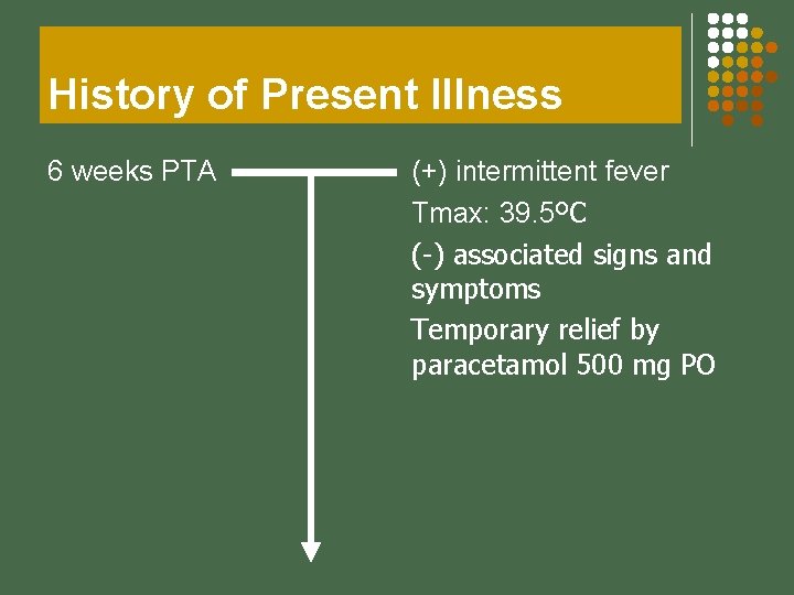 History of Present Illness 6 weeks PTA (+) intermittent fever Tmax: 39. 5ºC (-)