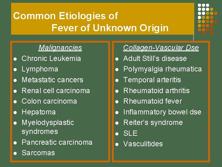 Common Etiologies of Fever of Unknown Origin l l l l l Malignancies Chronic