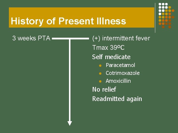 History of Present Illness 3 weeks PTA (+) intermittent fever Tmax 39ºC Self medicate