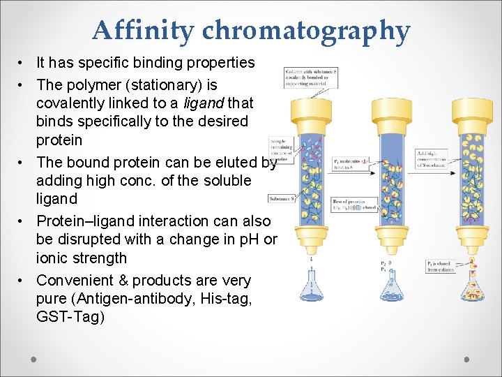 Affinity chromatography • It has specific binding properties • The polymer (stationary) is covalently