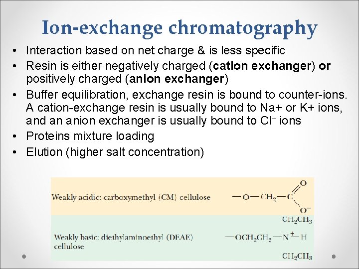 Ion-exchange chromatography • Interaction based on net charge & is less specific • Resin