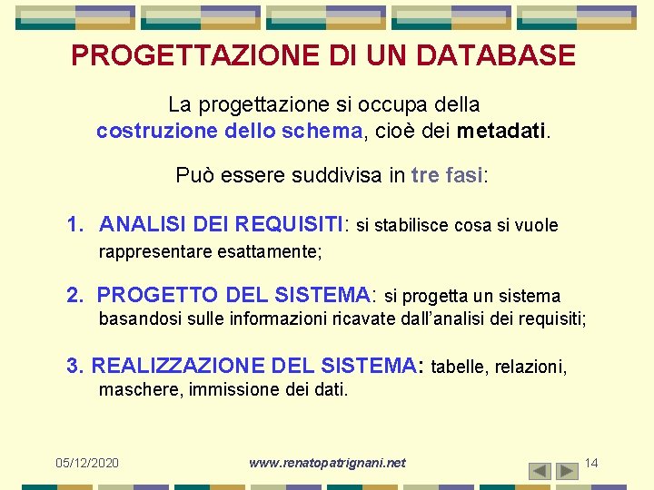 PROGETTAZIONE DI UN DATABASE La progettazione si occupa della costruzione dello schema, cioè dei