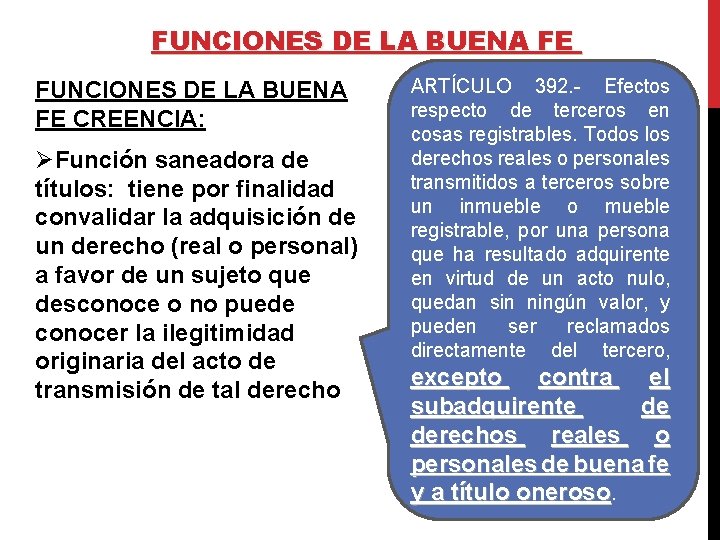 FUNCIONES DE LA BUENA FE CREENCIA: ØFunción saneadora de títulos: tiene por finalidad convalidar