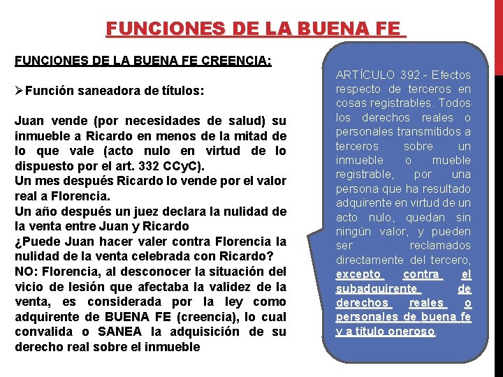 FUNCIONES DE LA BUENA FE CREENCIA: ØFunción saneadora de títulos: Juan vende (por necesidades