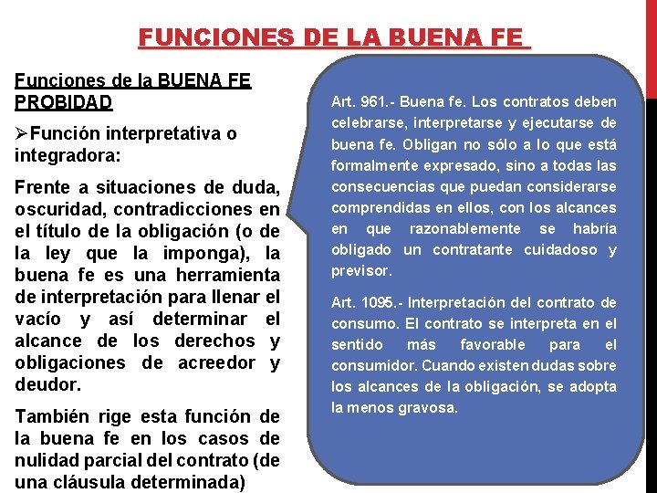 FUNCIONES DE LA BUENA FE Funciones de la BUENA FE PROBIDAD ØFunción interpretativa o