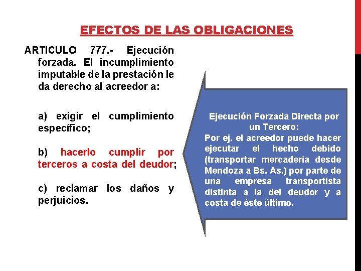 EFECTOS DE LAS OBLIGACIONES ARTICULO 777. - Ejecución forzada. El incumplimiento imputable de la