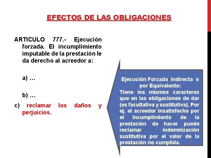 EFECTOS DE LAS OBLIGACIONES ARTICULO 777. - Ejecución forzada. El incumplimiento imputable de la