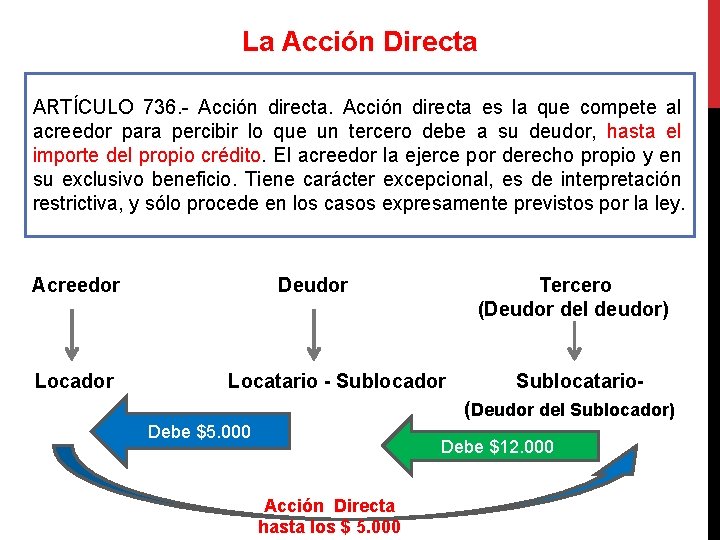 La Acción Directa ARTÍCULO 736. - Acción directa es la que compete al acreedor