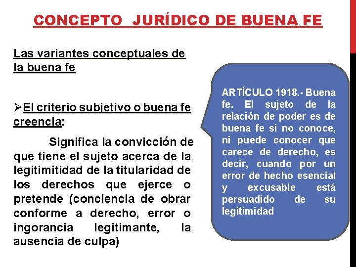 CONCEPTO JURÍDICO DE BUENA FE Las variantes conceptuales de la buena fe ØEl criterio