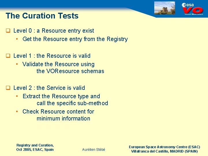 The Curation Tests q Level 0 : a Resource entry exist • Get the
