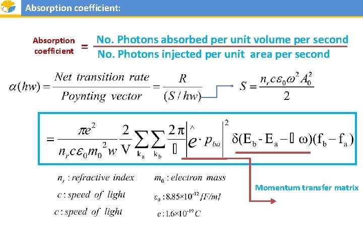 Absorption coefficient: Absorption coefficient No. Photons absorbed per unit volume per second = No.