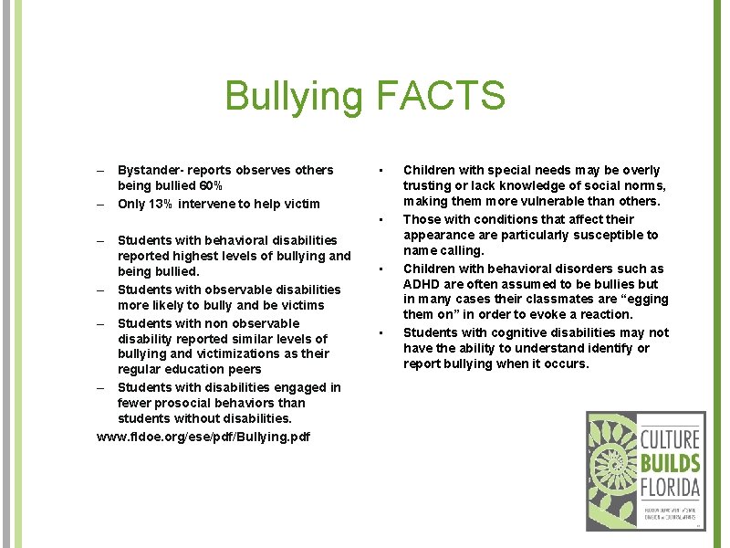 Bullying FACTS – Bystander- reports observes others being bullied 60% – Only 13% intervene