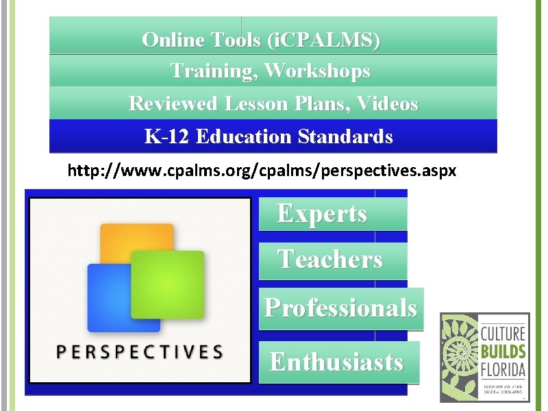 Online Tools (i. CPALMS) Training, Workshops Reviewed Lesson Plans, Videos K-12 Education Standards http:
