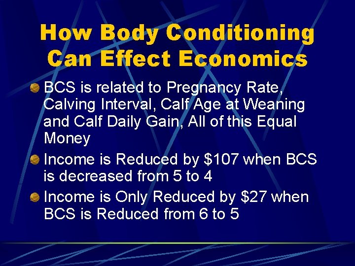 How Body Conditioning Can Effect Economics BCS is related to Pregnancy Rate, Calving Interval,