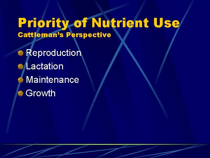 Priority of Nutrient Use Cattleman’s Perspective Reproduction Lactation Maintenance Growth 