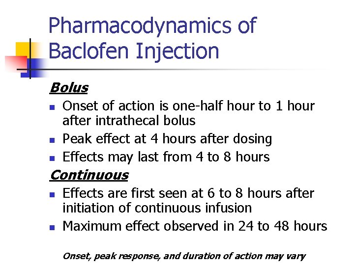 Pharmacodynamics of Baclofen Injection Bolus n n n Onset of action is one-half hour